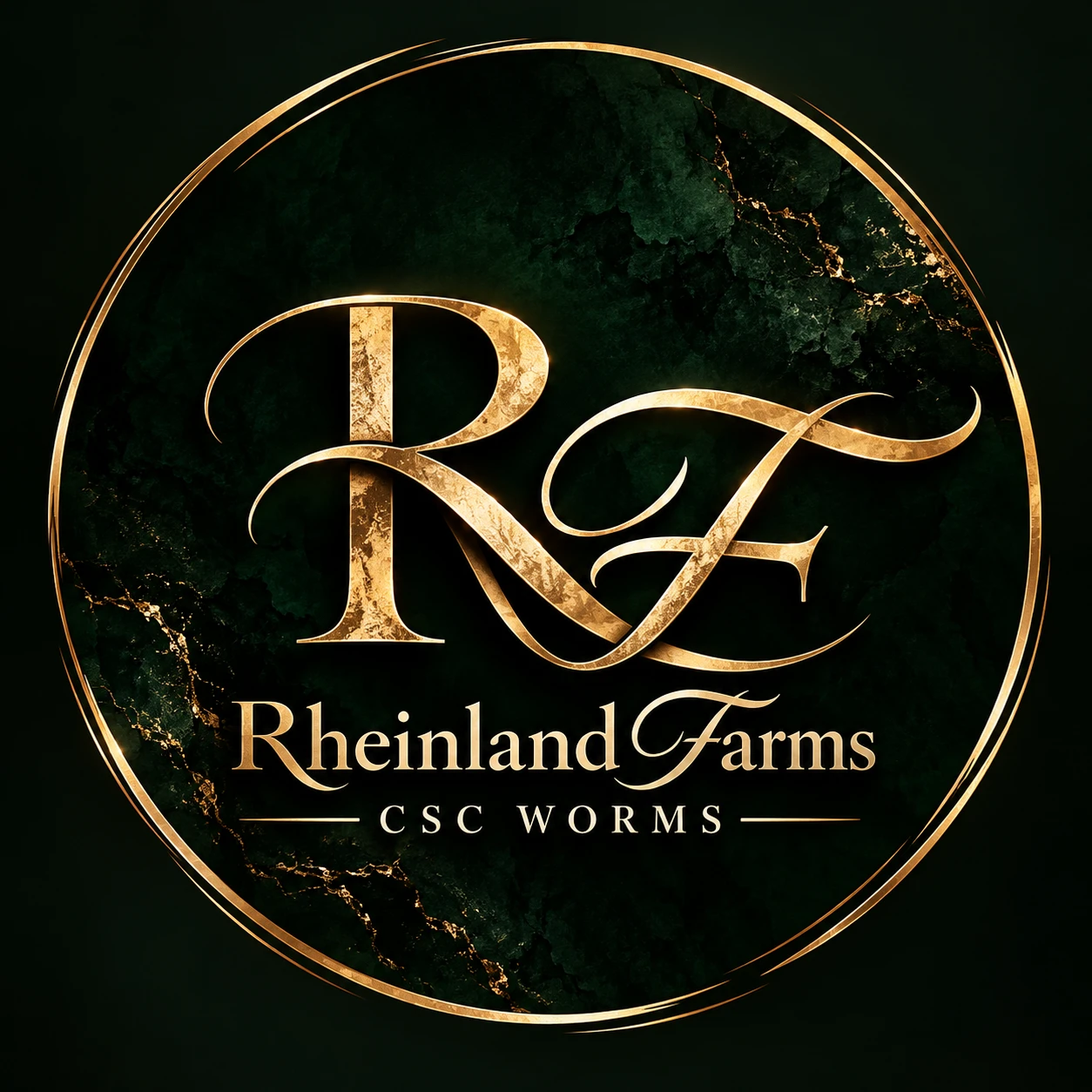 Rheinland Farms – goldenes RF-Monogramm auf smaragdgrünem Grund